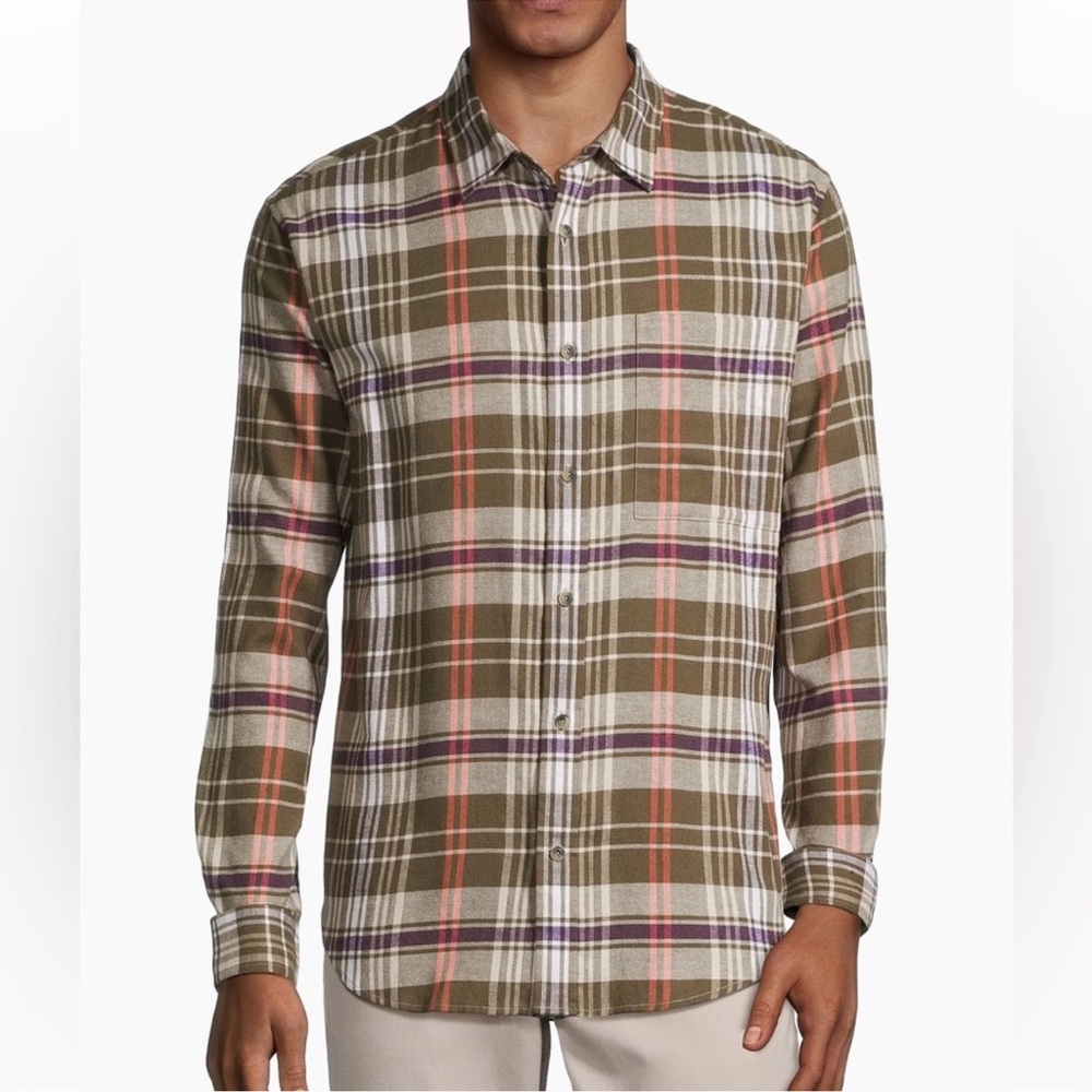 Vince Men’s Plaid Cotton Button Front Shirt Medium Olive Green Long Sleeve